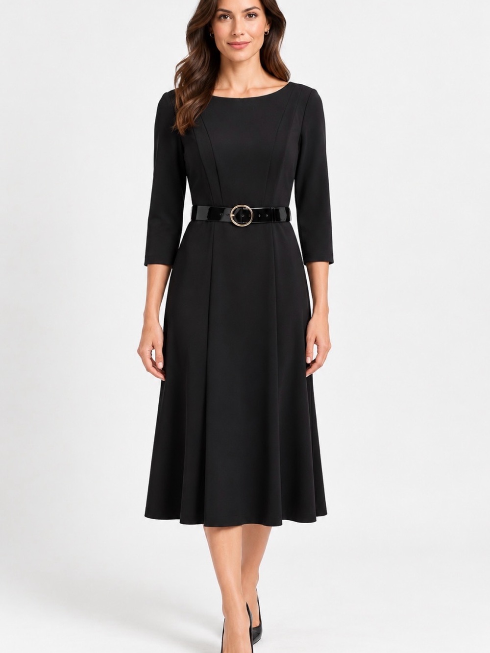 Calvin Klein Black Three-Quarter Sleeve A-Line Midi Dress with Belt-NWOT